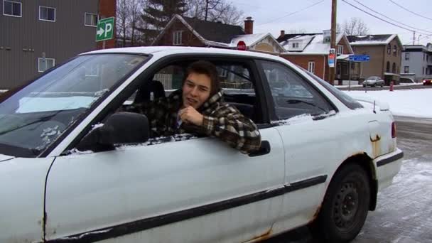 Young Blond Man Old White Car Tries Get Out Can — Stock Video