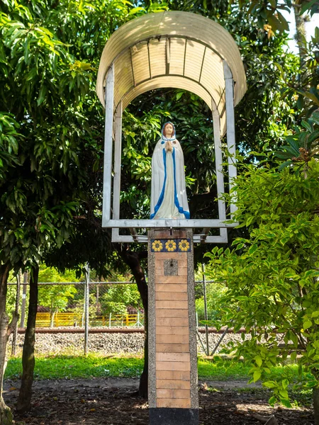 Statue Virgin Plastic Sheet Top Rain Medellin Antioquia Colombia — стокове фото