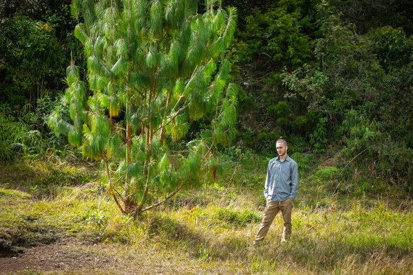 Caucasian Blond Man is Standing next to a Tree in the Middle of the Nature
