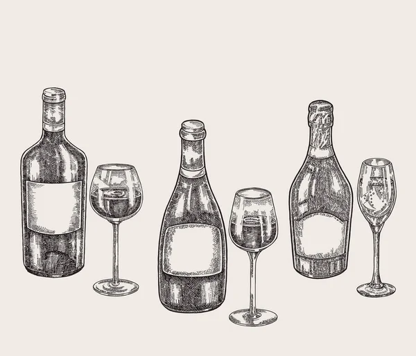 Hand Dras Vinflaskor Och Glasögon Skiss Stil Vektor Illustration Vintage — Stock vektor