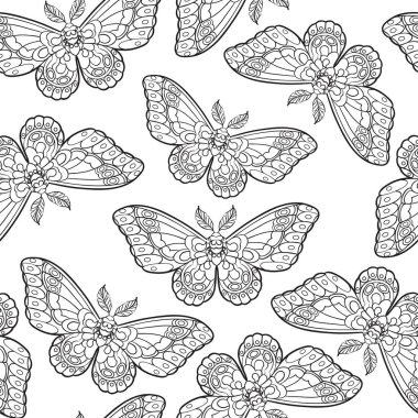 Kelebekler ile Seamless modeli. Stilize güve hat sanat tarzı. Siyah ve beyaz vektör çizim.