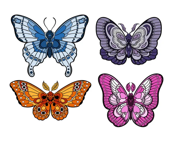 Estilizadas Mariposas Coloridas Aisladas Sobre Fondo Blanco Colección Polillas Ilustración — Vector de stock