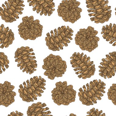 El ile Seamless modeli çam kozalakları çizilmiş. Vektör çizim kazınmış. Tasarım Noel tebrik kartları ve ambalaj için.