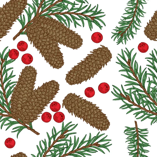 Elle çizilmiş çam kozalakları, dalları ve çilek ile Seamless modeli. Vektör çizim kazınmış. Tasarım Noel tebrik kartları ve ambalaj için.