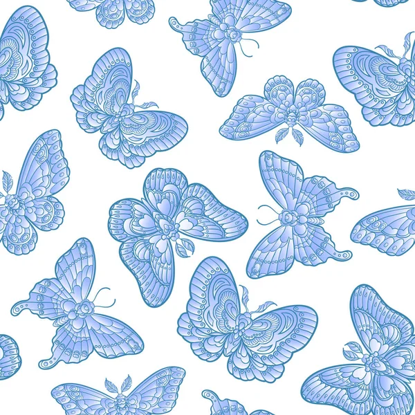 Butteflies azules sobre fondo blanco patrón sin costuras. Vector enfermo — Vector de stock