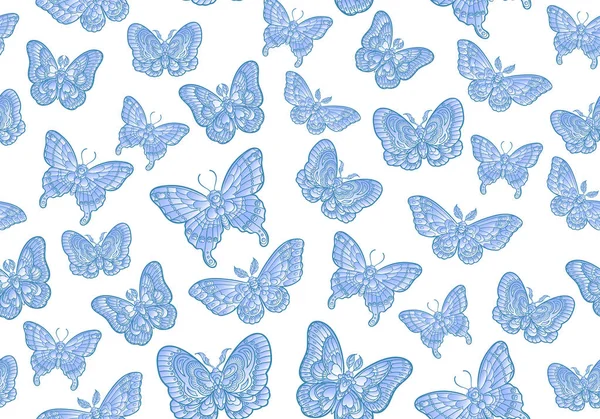 Butteflies azules sobre fondo blanco patrón sin costuras. Ilustración vectorial . — Vector de stock