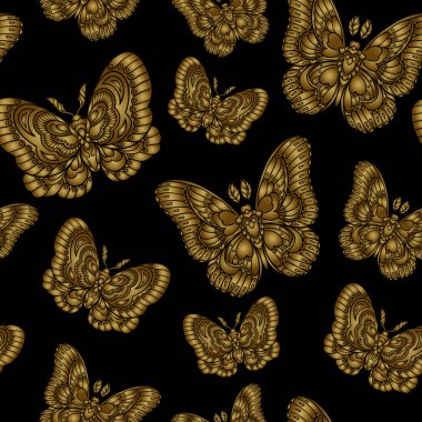 Siyah zemin üzerine altın butteflies ile Seamless modeli. Vektör çizim.