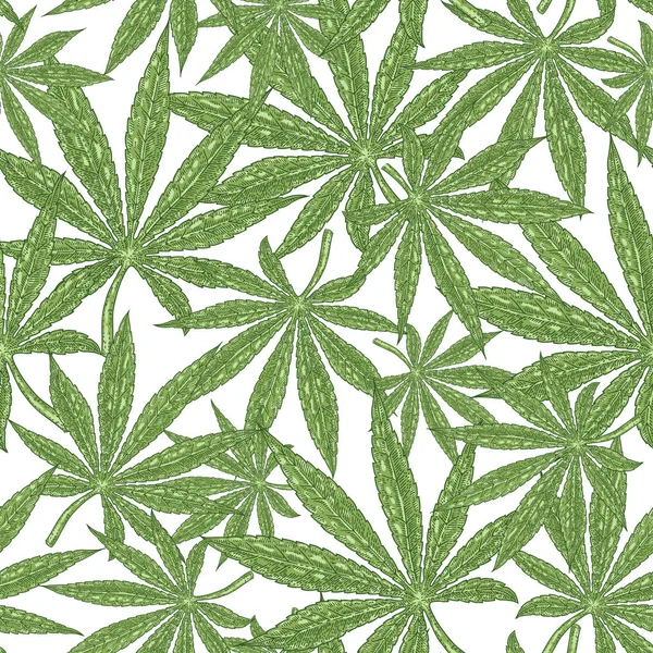 大麻のシームレスなパターン。緑白背景にマリファナを葉します。手描きの背景イラスト. — ストックベクタ