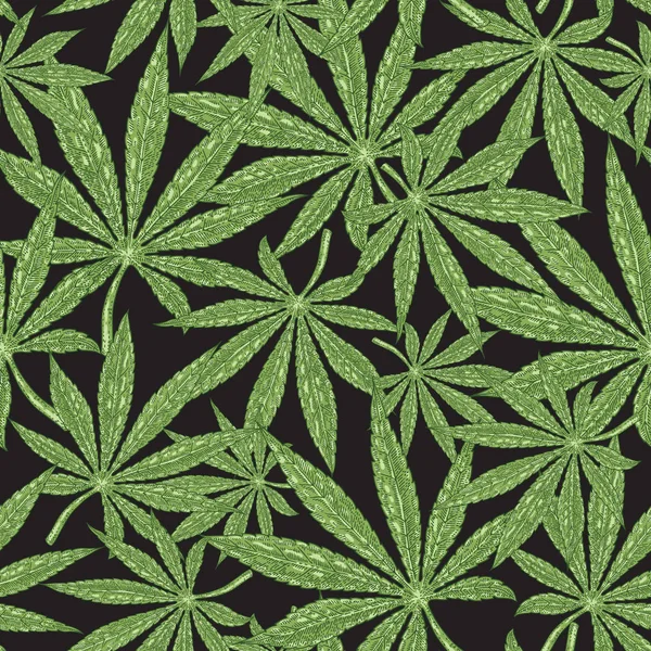Κάνναβης χωρίς ραφή πρότυπο. Πράσινα φύλλα μαριχουάνα σε μαύρο φόντο. Το χέρι συντάσσονται διανυσματικά εικονογράφηση. — Διανυσματικό Αρχείο