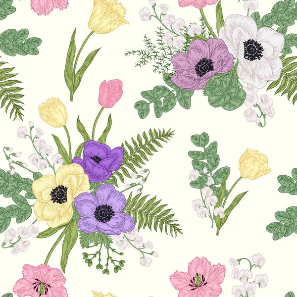 Bezszwowy wzór z anemonami. Wiosenne kwiaty i liście. Rośliny ogrodowe. Ilustracja wektorowa. — Wektor stockowy