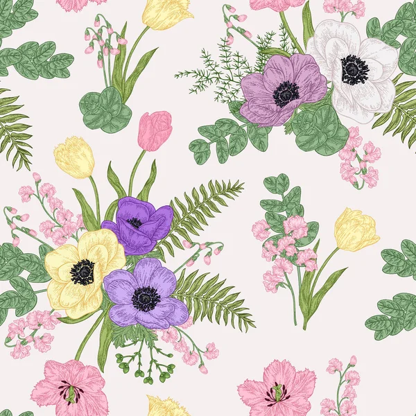 Nahtloses Muster mit Anemonen. Frühlingsblumen und Blätter. Gartenpflanzen. Vektorillustration. — Stockvektor