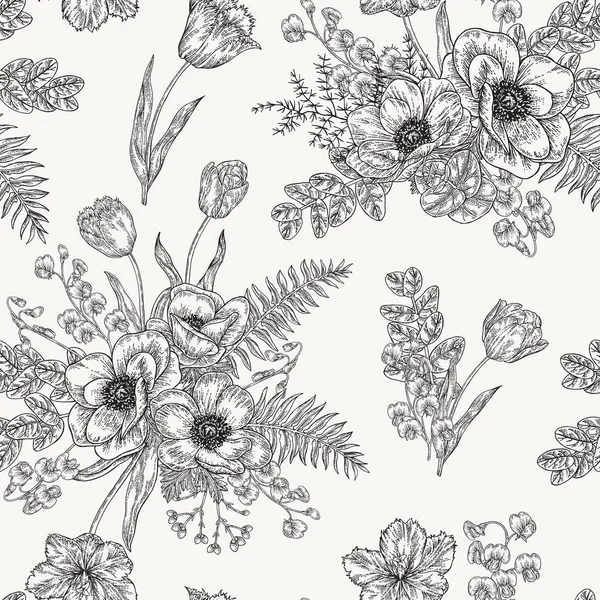 Naadloos patroon met anemonen. Lente bloemen en bladeren. Tuinplanten. Vector illustratie. — Stockvector