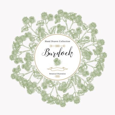 Burdock çiçek ve el çizilmiş yaprakları ile yuvarlak çerçeve. Vintage arka plan. Tıbbi bitki. Vektör çizimi.