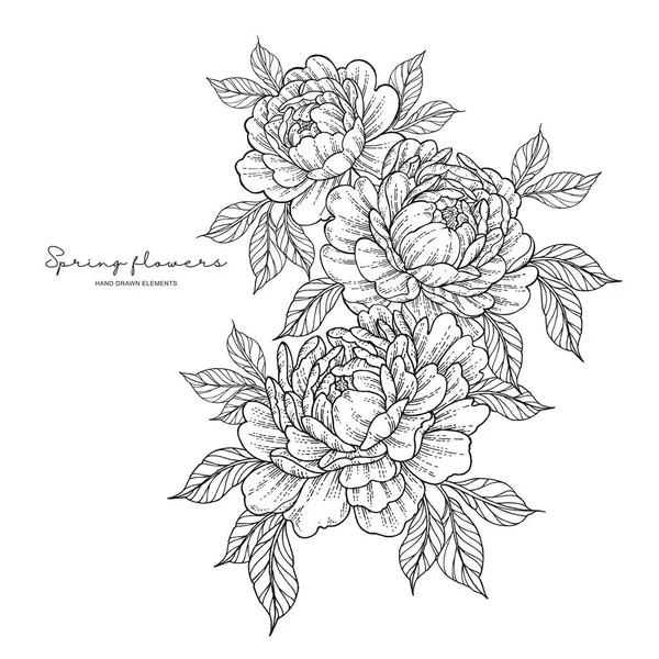 Flores de peonía en estilo de tatuaje japonés. Flores de tinta dibujadas a mano. Elementos florales blanco y negro. Ilustración vectorial . — Archivo Imágenes Vectoriales