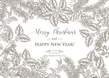 Noel kartı tasarımı. El yapımı kış bitkileri ve ağaçlar. Ardıç, çam, köknar, kutsal ve ökseotu dalları. Vektör illüstrasyon klasiği.