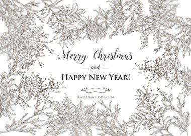 Noel kartı tasarımı. El yapımı kış bitkileri ve ağaçlar. Poinsettia, sedir, selvi, köknar ve çam dalları. Vektör illüstrasyon klasiği.