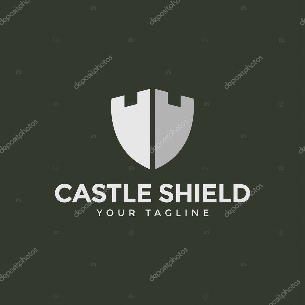 Shield and Castle Tower, Fortress Building Logo Design Template