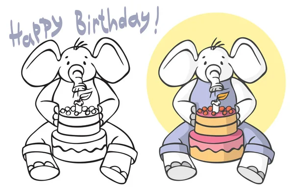 Ilustrație Fundal Alb Elefantul Stă Suflă Lumânarea Tortul Ziua Naștere — Vector de stoc