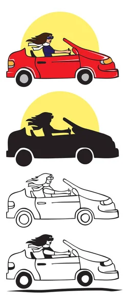 Illustration Auf Weißem Hintergrund Ein Stylisches Mädchen Fährt Auto Silhouette — Stockvektor