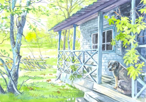 Ilustracja Akwarela Stary Dom Ogrodzie Pies Czeka Właścicieli Wiosnę — Zdjęcie stockowe