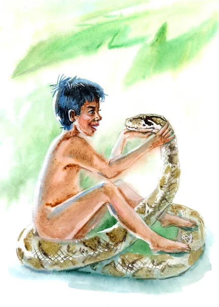 Ілюстрація Хлопчика Сидить Тримає Голову Змії Виглядає Аквареллю — стокове фото