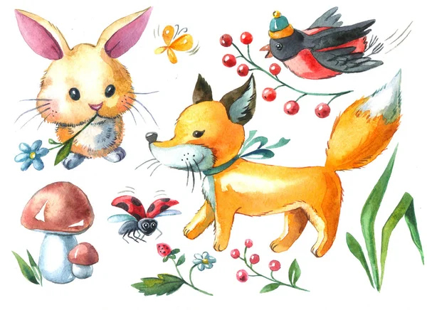 Ilustracja akwarela królik, lis, Bullfinch, grzyb — Zdjęcie stockowe