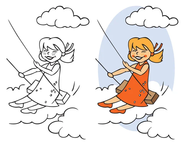 Girl on swing in clouds illustration — Stock Vector