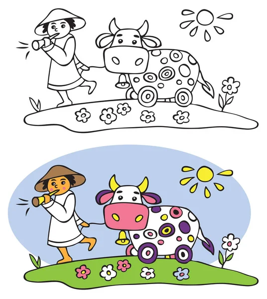 Schäfer mit Pfeife und Kuh Illustration — Stockvektor