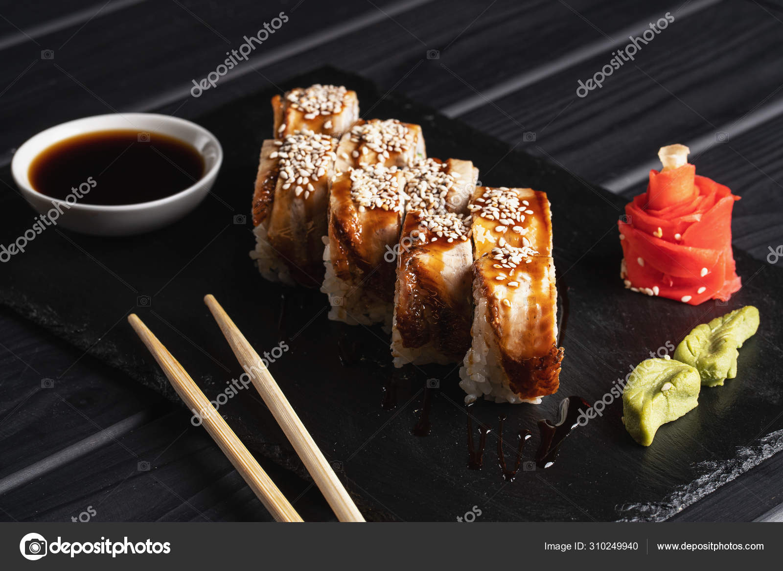 Japanese Menu Sushi Roll Black Background Stock Photo by ©maestro15