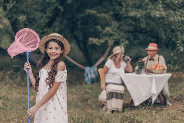 Portrait Young Smiling Girl Butterfly Net She Wearing Sundress Hat Royalty Free Stock Photos