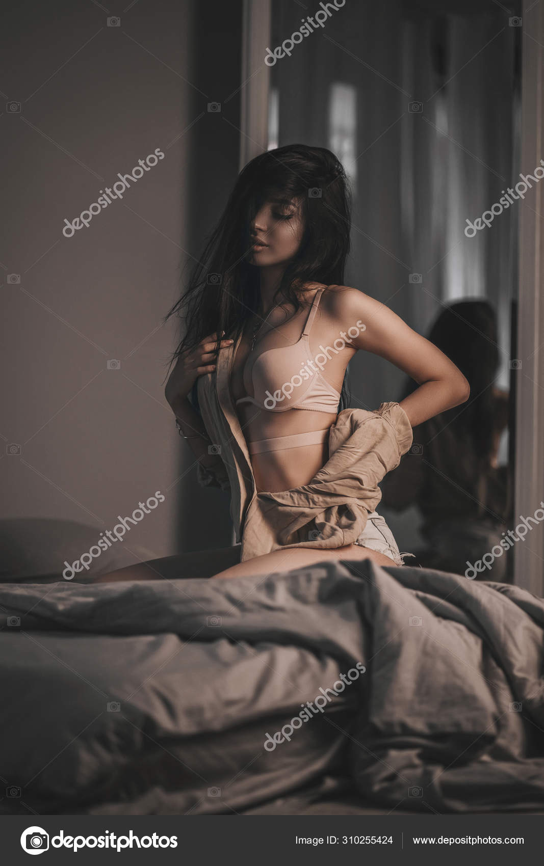 Passion Portrait Beauty Girl Lingerie Shirt Bedroom Mirror Stylish Sexy  Stock Photo by ©maestro15 310255424
