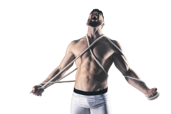 Isolerad Träningsman Motion Träning Vit Bakgrund Starkt Idrottsporträtt Muskulös Kropp — Stockfoto