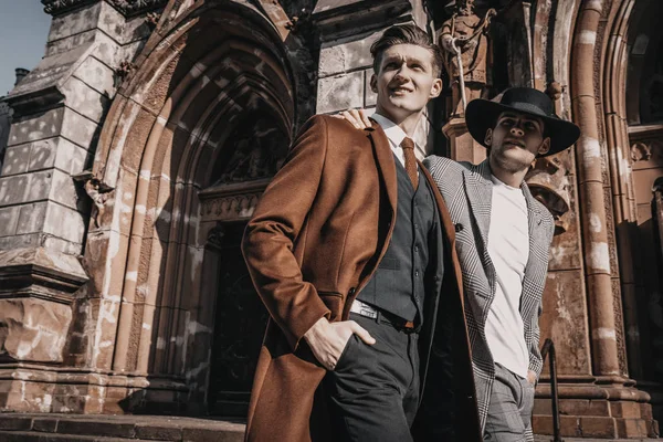 Two Fashion Young Men Walking City Street Wearing Stylish Casual — Stock Photo, Image