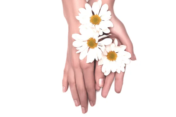 Mains Femme Avec Des Fleurs Vue Dessus — Photo