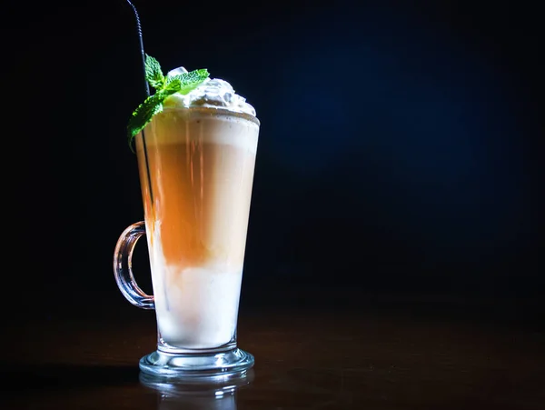 Tasty Coffee Cocktail Cream Mint Leaves Dark Background — Stockfoto