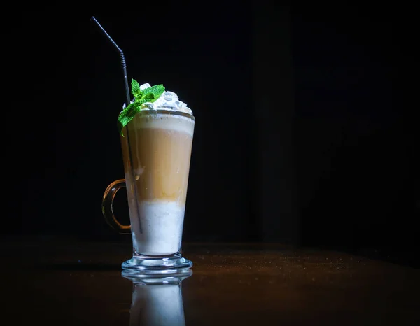 Tasty Coffee Cocktail Cream Mint Leaves Dark Background — Stockfoto
