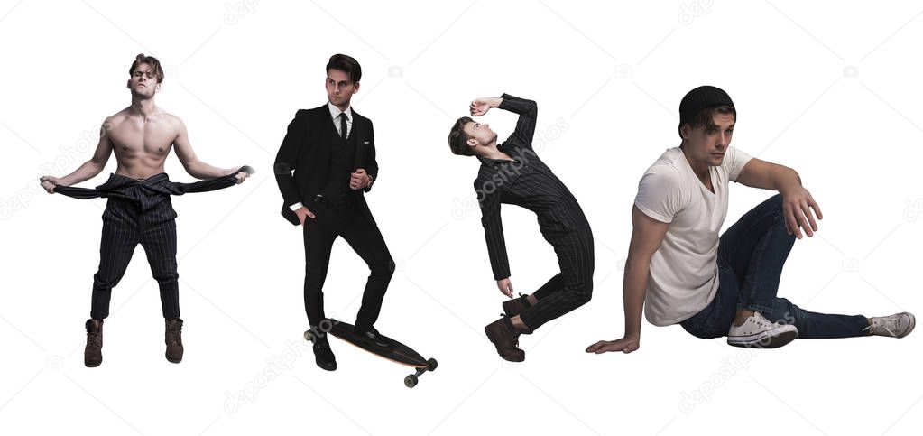 Isolated men collage model. Casual and classic fashion male portrait. Overalls, jeance, shirt, sneakers, suit, sport. Young male on white background.