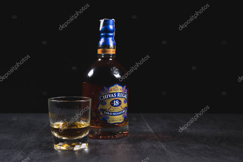 Kiev, Ukraine - 07 November 2018. Blended from whiskies matured for at least 18 years, Chivas Regal 18 Gold Signature is a blended Scotch whisky produced by Chivas Brothers in Keith, Scotland.