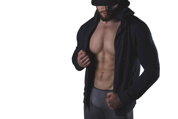 Muscle man isolated. Body fitness man. Abs sport diet. Sexy male — Stock Image Muscle man isolated. Body fitness man. Abs sport diet. Sexy male Royalty Free Stock Photos