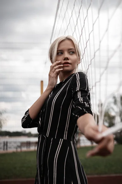 Beautiful Young Elegant Seductive Woman Posing Playground Gate Fashion Glamour — Stockfoto