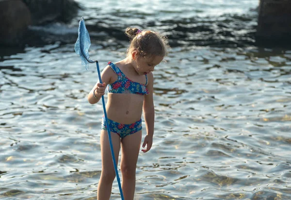 Liten flicka stående med fisknät Stockbild