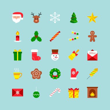 Noel simgeleri ayarlandı. Vektör illüstrasyon, düz tasarım.