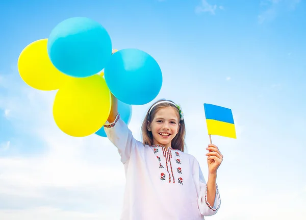 Girl Ukrainian Flag Blue Yellow Balloons — Stock Photo, Image