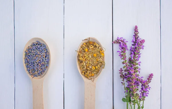 wooden spoon with lavender flowers, wooden spoon with dried chamomile flowers and sage flowers on white wooden background