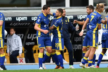 Mattia zaccagni (verona), 27 Eylül 2020 'de İtalya' nın Verona kentinde Hellas Verona - LM / Alessio Tarpini davasında Andrea Favilli (verona) ile jubilates