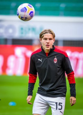 AC Milan 'dan Jens Petter Hauge, Serie A 2020 / 21 karşılaşmasında AC Milan ile Spezia Calcio arasındaki San Siro Stadyumu, Milan, İtalya - Fotoğraf: Fabrizio Carabelli / LM