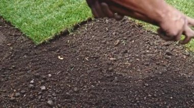 Bahçıvan bir tırmıkla toprağı temizliyor. Yavaş bir hareket yap. Tanımlanamayan insanların elleri toprağı düzleştiriyor, mükemmel çimler dikiyor, yeşil çimenler dikiyor. Manzara tasarımı üzerinde çalışan bir adam..