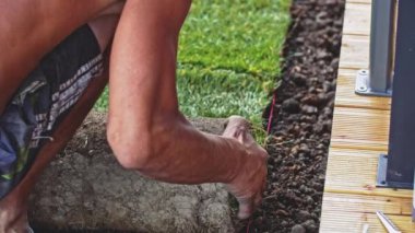 Çimenlik Yuvarlayan Adam. Çim yapıyorum. Yavaş bir hareket yap. Tanımlanamayan bahçıvan elleri yeşil çimlerden mükemmel bir çim oluşturuyor. Peyzaj tasarımı üzerinde çalışan kişi.