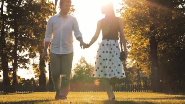 Jonge Gelukkige Paar Wandelen Het Stadspark Handen Vasthouden Praten Dci — Stockvideo