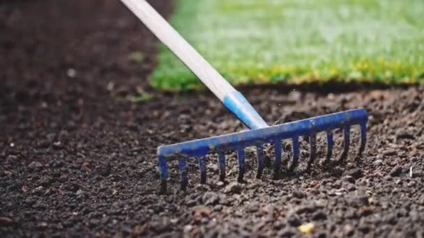 Gardener Grading Out Soil Rake Slow Motion Unrecognizable Persons Hands — Stock Video